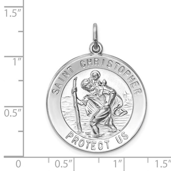 Sterling Silver Rhodium-Plated Round Saint Christopher Medal, 25mm